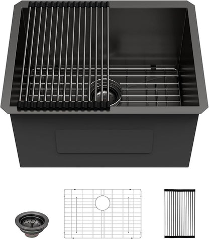 Lordear 23 Black Laundry Sink Stainless Steel - 23" x 18" x 12" Undermount Sink Single Bowl 16 Gauge Stainless Steel Deep Laundry Room Utility Sinks Handmade Under Counter Kitchen Basin,Gunmetal Black