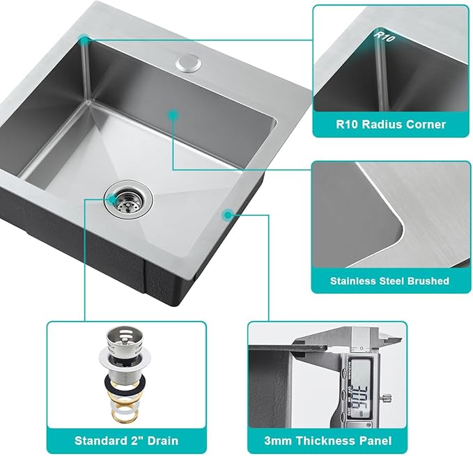 15 x 15 inch Kitchen Sink with 2" Drain Hole, 304 Stainless Steel Handmade Drop-in Bar Sink, RV Camper Kitchen Sink, Brushed