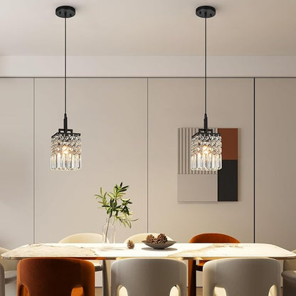 Modern Crystal Pendant Light Kitchen Island Farmhouse Lamp Adjustable Height Hanging Lighting Square Black Chandelier Suitable for Kitchen Island Dining Room and Bedroom(2Pack)