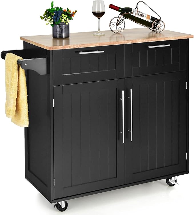 Giantex Kitchen Island Cart, Rolling Island Table with Rubber Wood Tabletop, 2 Drawers, Storage Cabinet & Towel Rack, Bar Kitchen Cart On Wheels for Dining Room (Black)