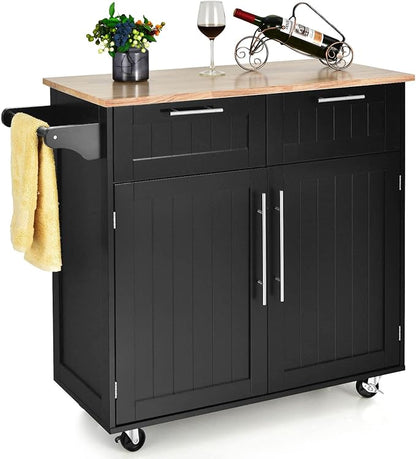 Giantex Kitchen Island Cart, Rolling Island Table with Rubber Wood Tabletop, 2 Drawers, Storage Cabinet & Towel Rack, Bar Kitchen Cart On Wheels for Dining Room (Black)