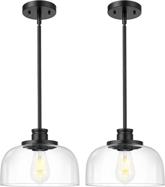 Emak 2 Pack Glass Pendant Light, Modern Farmhouse Black Pendant Lights Kitchen Island, 10 Inch Hanging Light Fixture for Kitchen Island, Dining Room, Bathroom, Bar, PL131-BK-CG-2PK