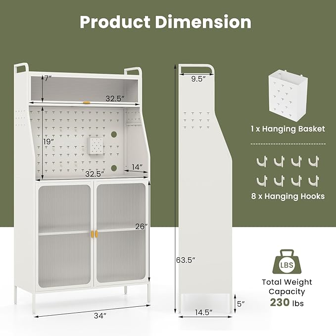 Giantex Pantry Organizers and Storage, 63.5" H Kitchen Buffet Cabinet with Hutch, Pegboard, 8 Hooks & 1 Hanging Storage Box, Standing Bakers Rack with Flip-up PC Doors, Tool-Free Assembly (White)