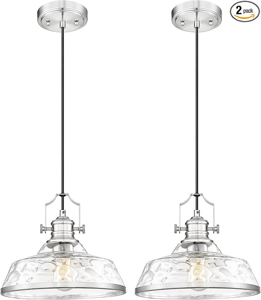 kudos 2 Pack Pendant Lights Kitchen Island, 11" Large Brushed Nickel Kitchen Island Lighting with Hammered Glass Shade, Industrial Hanging Light Fixture for Kitchen Sink Dining Room, KDPL13-BN-H-2PK