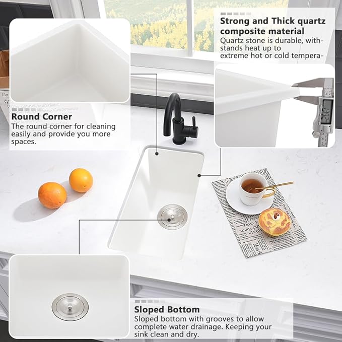 White Bar Sink Undermount-VASOYO 12x16 Inch Small Kitchen Sink Undermount Wet Bar Sinks White Quartz Single Bowl Deep Outdoor Rv Sinks Mini Basin with Bottom Grid
