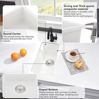 White Bar Sink Undermount-VASOYO 12x16 Inch Small Kitchen Sink Undermount Wet Bar Sinks White Quartz Single Bowl Deep Outdoor Rv Sinks Mini Basin with Bottom Grid