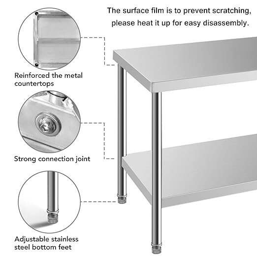 Stainless Steel Table for Prep & Work 30 x 24 Inches, NSF Commercial Heavy Duty Food Prep Worktable with Undershelf for Restaurant, Home and Hotel Christmas Preparation Table
