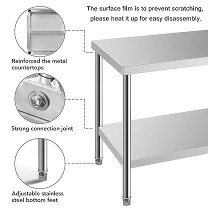 Stainless Steel Table for Prep & Work 30 x 24 Inches, NSF Commercial Heavy Duty Food Prep Worktable with Undershelf for Restaurant, Home and Hotel Christmas Preparation Table