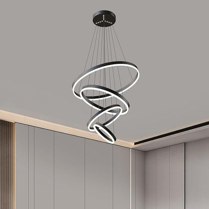 Modern LED Pendant Light, Black 4 Ring Circular Chandelier Fixture, Adjustable Height Circular Entrance Pendant Light, Suitable for Restaurants, Kitchens, Islands, Living Rooms, Cafes, Etc. (4000K)