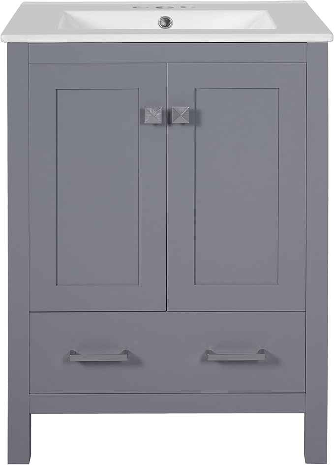 Favfurish 24" Modern Bathroom Vanity with Ceramic Sink, Freestanding Storage Cabinet w/2 Soft-Close Doors & 1 Drawer, Double-Layer Door Shelf, Solid Wood Frame for Small Bathrooms, Easy Assembly,Grey