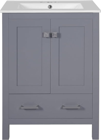 Favfurish 24" Modern Bathroom Vanity with Ceramic Sink, Freestanding Storage Cabinet w/2 Soft-Close Doors & 1 Drawer, Double-Layer Door Shelf, Solid Wood Frame for Small Bathrooms, Easy Assembly,Grey
