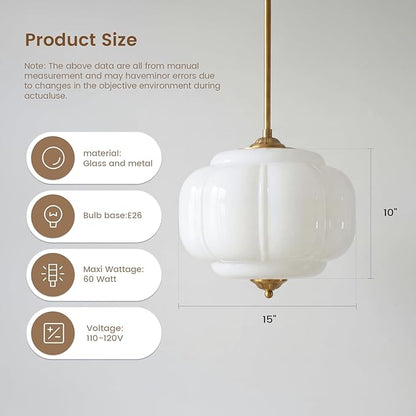 Milk Glass Ceiling Light Fixture - Antique Brass Semi Flush Mount Pendant Light for Kitchen, Hallway, and Bedroom 15 inch (White 15 inch)