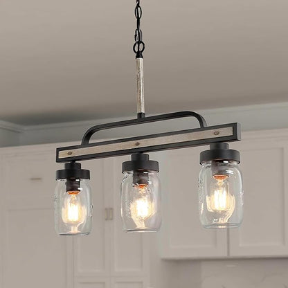 Farmhouse Chandelier, 3-Light Rustic Mason Jar Pendant Chandeliers Light Fixtures for Dining Room, Linear Faux Wood Kitchen Island Lighting