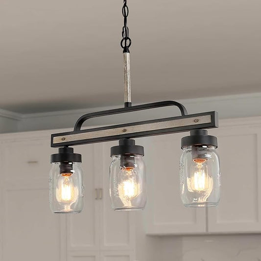 Farmhouse Chandelier, 3-Light Rustic Mason Jar Pendant Chandeliers Light Fixtures for Dining Room, Linear Faux Wood Kitchen Island Lighting