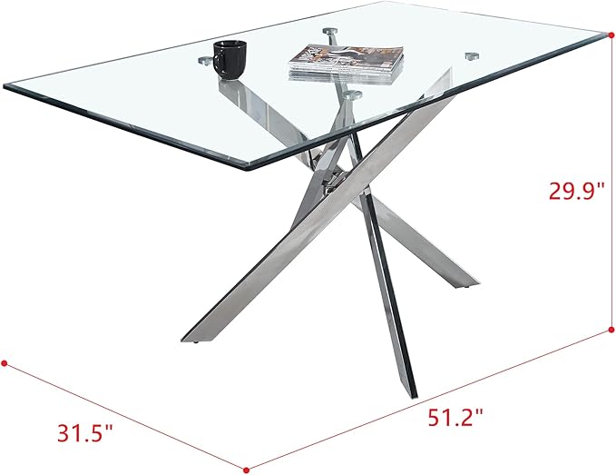 Luxury Silver Glass Dining Table for 4 Modern 51" Rectangular Kitchen & Dining Room Table with X-Shape Stainless Steel Base Large Clear Glass Top Dining Table for Home Office