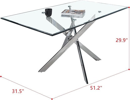 Luxury Silver Glass Dining Table for 4 Modern 51" Rectangular Kitchen & Dining Room Table with X-Shape Stainless Steel Base Large Clear Glass Top Dining Table for Home Office