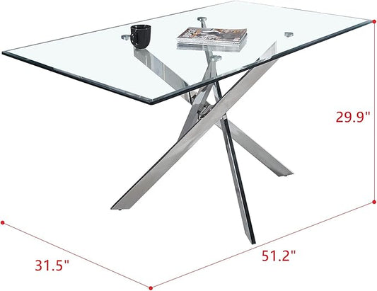 Luxury Silver Glass Dining Table for 4 Modern 51" Rectangular Kitchen & Dining Room Table with X-Shape Stainless Steel Base Large Clear Glass Top Dining Table for Home Office