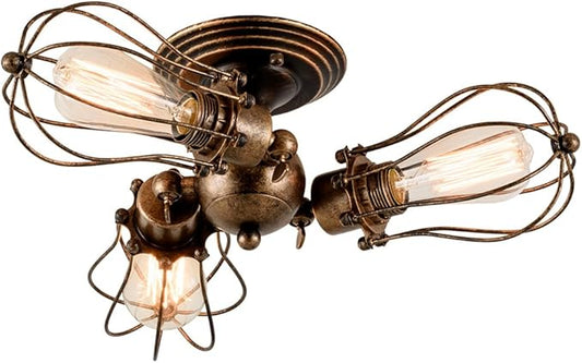 GLADFRESIT Vintage Ceiling Light 3 Lights Adjustable Socket Rustic Lamp, Metal Cage Semi-Flush Mount Industrial Ceiling Light Indoor Home Retro Chandeliers Lighting Fixture