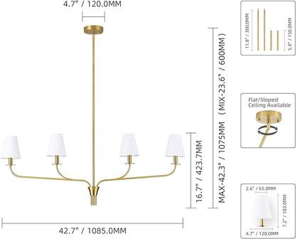 Modern 42" Linear Chandelier for Kitchen Island & Dining Room - 4-Light Gold Finish with White Fabric Shades, Adjustable Hanging Pendant Light Fixture, E12
