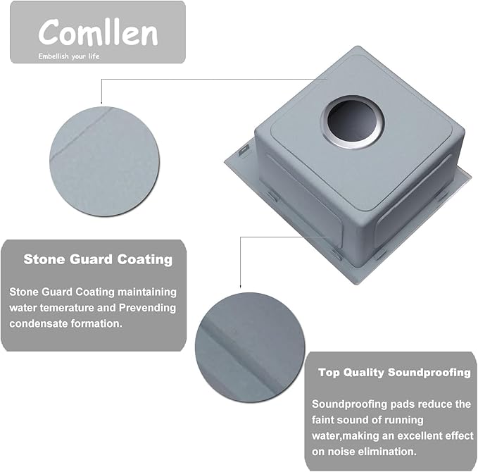 Comllen 15x15 Inch Drop In Bar Sink, Small Kitchen Sinks,18 Gauge Stainless Steel, Top Mount,9 Inch Deep, Single Bowl, Brushed Nickel, Outdoor Bar Sink, RV Kitchen Sink With Bottom Grid & Strainer