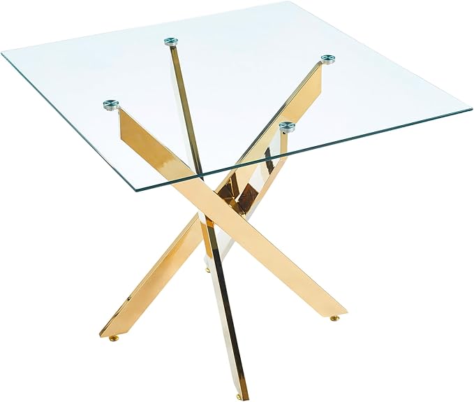 Square Glass Dining Table 35.4'' Inch Modern Square Kitchen Table with Metal Legs Durable Stylish Dinner Table for Dining Room Kitchen