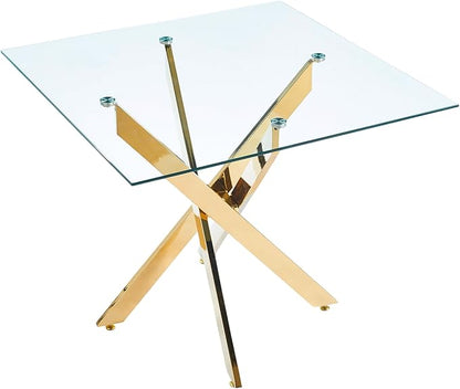 Square Glass Dining Table 35.4'' Inch Modern Square Kitchen Table with Metal Legs Durable Stylish Dinner Table for Dining Room Kitchen