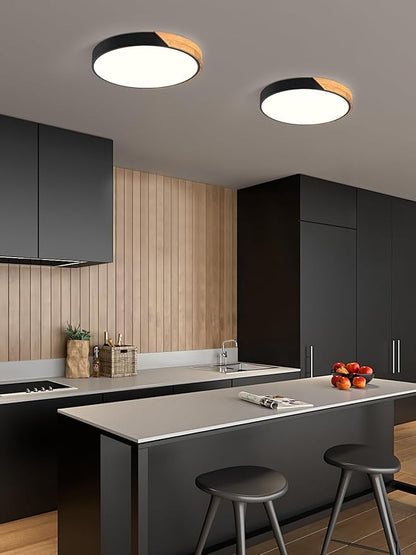 Modern Dimmable Black LED Ceiling Light, 2700 K - 6000 K 5CCT Wood Flush Mount Ceiling Lighting Fixtures, Minimalist Round Ceiling Lamp for Living Room Bedroom Kitchen Hallway（15.8in）
