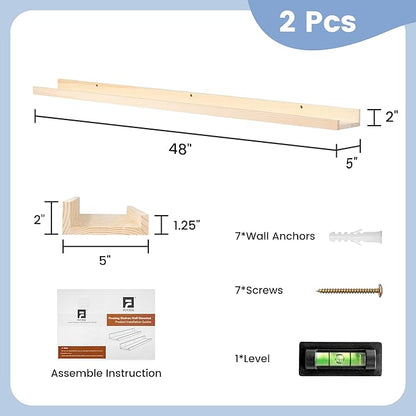 FLYJOE Picture Ledge Shelf, Floating Shelves Set of 2, Solid Ash Wood 48'' Long Large Nursery Book Shelves for Toys Storage, Kids Bookshelf for Living Room Bedroom Decor Books Photo Frames, Natural