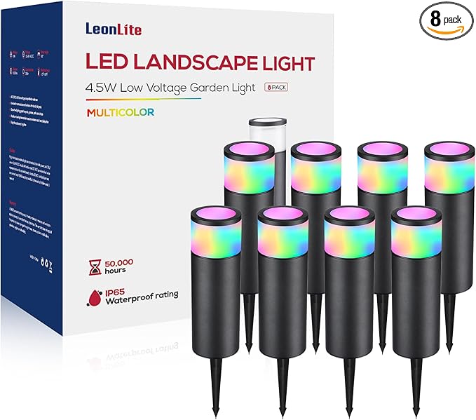 LEONLITE 8-Pack 4.5W LED Landscape Bollard Path Lighting, RGB Low Voltage Landscape Lights, 7 Color Selectable, Outdoor Pathway Light, Die-Cast Aluminum Housing