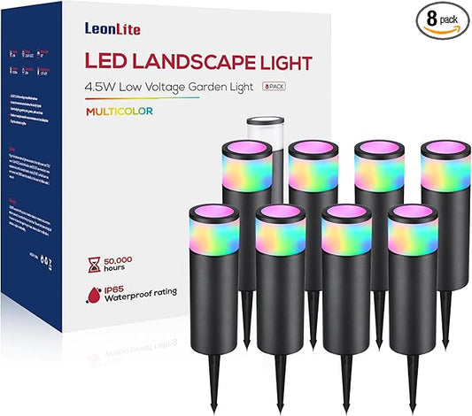 LEONLITE 8-Pack 4.5W LED Landscape Bollard Path Lighting, RGB Low Voltage Landscape Lights, 7 Color Selectable, Outdoor Pathway Light, Die-Cast Aluminum Housing