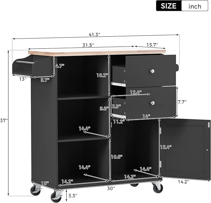 Fashion Store Kitchen Island Cart with Rubber Wood Top and 2 Drawers,4 Wheels and 3 Open Shelves,for Kitchen,Dining Room,Bathroom,Living Room (Black@E)