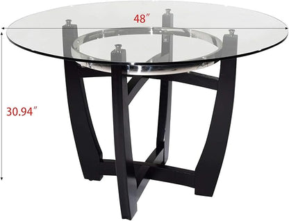 Dining Table, 48 Inch Clear Tempered Glass Round Dining Table, Solid Wood Base Dining Room Table, 31" High, Modern Round Kitchen Dining Room Table Furniture