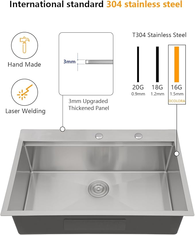 Dcolora 30x22 Inch Drop In Kitchen Sink Workstation16 Gauge Stainless Steel Sinks Single Bowl Topmount, Round Corner 30"x22"x10, DC-T7745