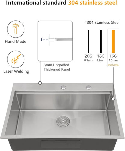 Dcolora 30x22 Inch Drop In Kitchen Sink Workstation16 Gauge Stainless Steel Sinks Single Bowl Topmount, Round Corner 30"x22"x10, DC-T7745