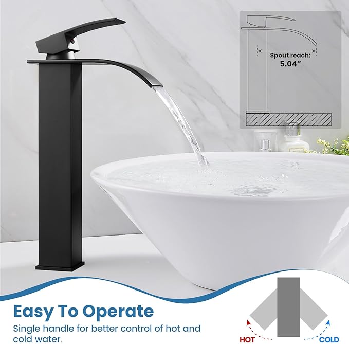 Airuida Vessel Sink Faucet Matte Black, Tall Waterfall Bathroom Faucet, Single Handle One Hole Mixer Bowl Tap with Large Rectangular Spout, Bar Sink Faucet Lavatory Vanity