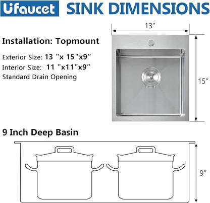 15 Drop In Bar Sink, 16 Guage Stainless Steel 13x15x9 Wet Bar Prep RV Outdoor Small Kitchen Sink Topmount Single Bowl with Drain