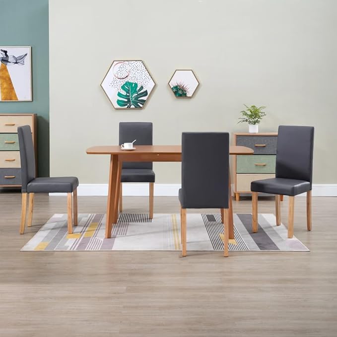 4-Piece Gray Faux Leather Dining Chairs Set with Wooden Legs Modern Kitchen Chairs for Dining Room Farmhouse Bistro Comfortable Seating Furniture