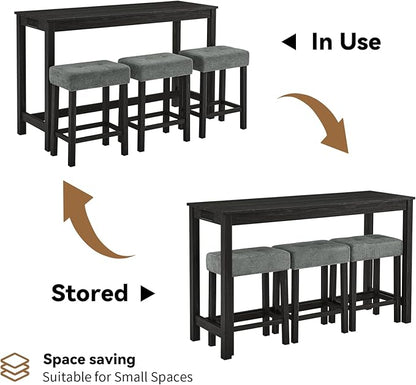 HMFULE 59'' Bar Table and Chairs Set with Power Outlet, Industrial Breakfast Table Set with 3 Padded Stools, Solid Wood Console Table Set for Living Dining Room, Black