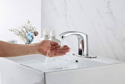 Automatic Bathroom Sink Faucet with Hole Cover Plate Sensor Touchless Dual-Powered Chrome Vanity Faucets Hands Free Motion Sensor Bathroom Water Tap with Control Box and Temperature Mixer