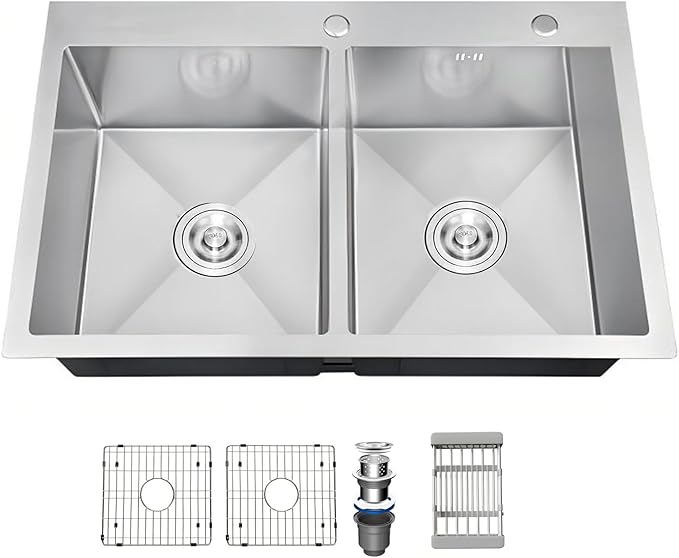 33" x 22" x 9" Drop-In Double Bowl Kitchen Sink, Topmount Stainless Steel with Satin Finish, Soundproofing & Protective Bottom Grid