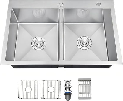 33" x 22" x 9" Drop-In Double Bowl Kitchen Sink, Topmount Stainless Steel with Satin Finish, Soundproofing & Protective Bottom Grid