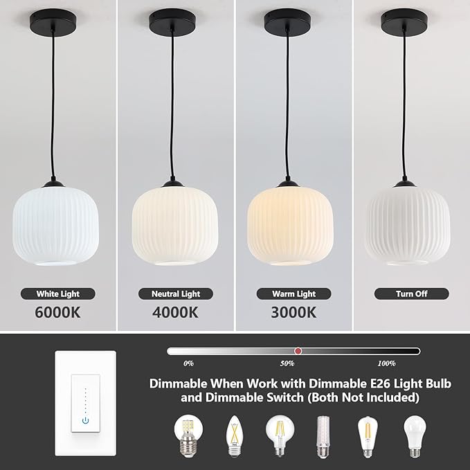 Milk Glass Round Pendant Light Striped Glass Pendant Lights Modern Globe Pendant Lights Kitchen Island Black Mid Century Hanging Ceiling Light White Pendant Light Fixture (2 Pack)
