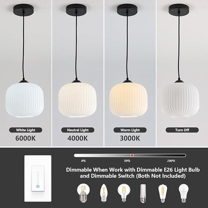 Milk Glass Round Pendant Light Striped Glass Pendant Lights Modern Globe Pendant Lights Kitchen Island Black Mid Century Hanging Ceiling Light White Pendant Light Fixture (2 Pack)