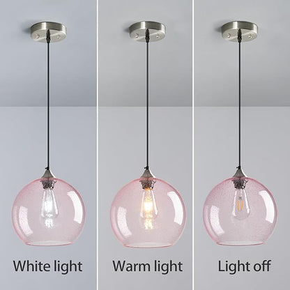 Pink Glass Pendant Lights Kitchen Island Globe Pendant Light Fixtures Modern Pendant Lighting for Bedroom Living Dining Room Light Fixture (9.84 in, 2 Pack)
