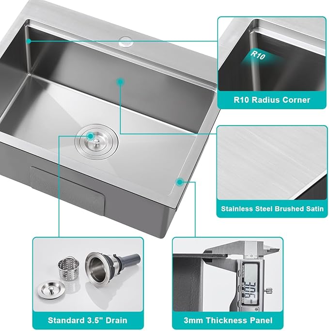 23-Inch Drop in Workstation Kitchen Sink - TSIBOMU 18 Gauge Stainless Steel Single Faucet Hole Single Bowl Topmount Handmade Kitchen Sink, Brushed