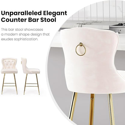Bar Stools Set of 2, Velvet Counter Height Bar Stools with Metal Legs, Button Tufted and Nailheads Trim, Wing Back Bar Chairs for Kitchen Island Dining Room Pub, Beige GO62