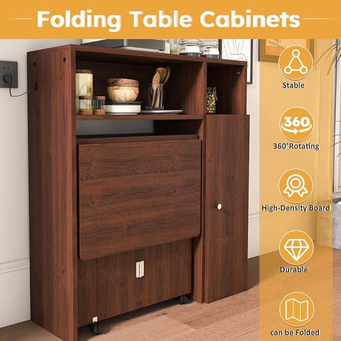 Wall-Mounted Folding Dining Set, Smart Sideboard with Power Outlet & Storage, 3-Mode Expandable Table for6 People, Space-Saving Solution for Small Apartments