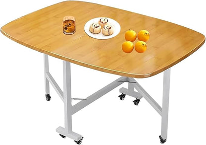 Solid Wooden Foldable Kitchen Table with 6 Wheels, Multifunction Expandable Folding Table for Small Spaces Kitchen, Bedroom, Living Room, Space Saving Folding Dining Table, Brown，White, Natural(Natura