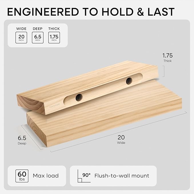 Homeforia 20 inch Natural Floating Shelf, High End Solid Real Wood 20inch Small Floating Shelves for Wall Mounted, Natural Wooden Floating Shelves, Heavy Duty Bracket, 20 X 6.5 X 1.75 in, Set of 2