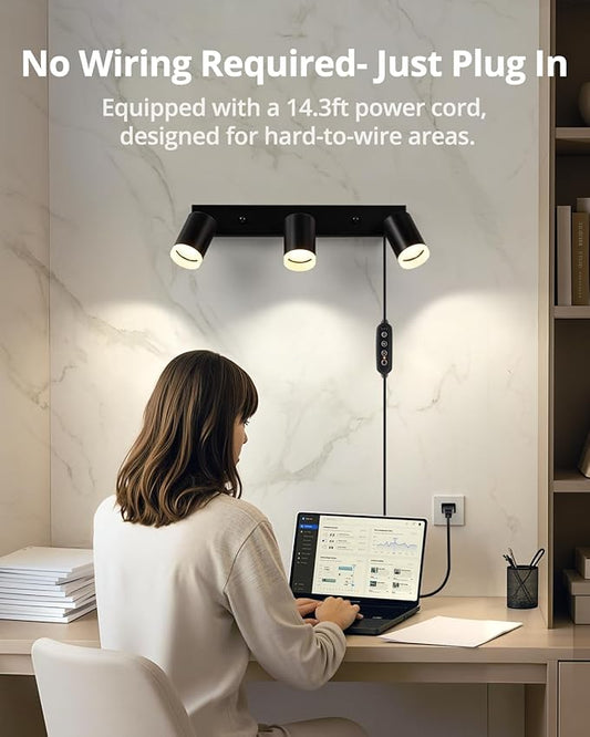 Bojim Plug in Ceiling Track Lighting with 14.3ft Power Cord for Kitchen, Dimmable LED Spotlight Wall Mounted for Sala, Black 3 Lights Fixture Removable Cup for Bedroom Farmhouse Studio, GU10 No Bulb
